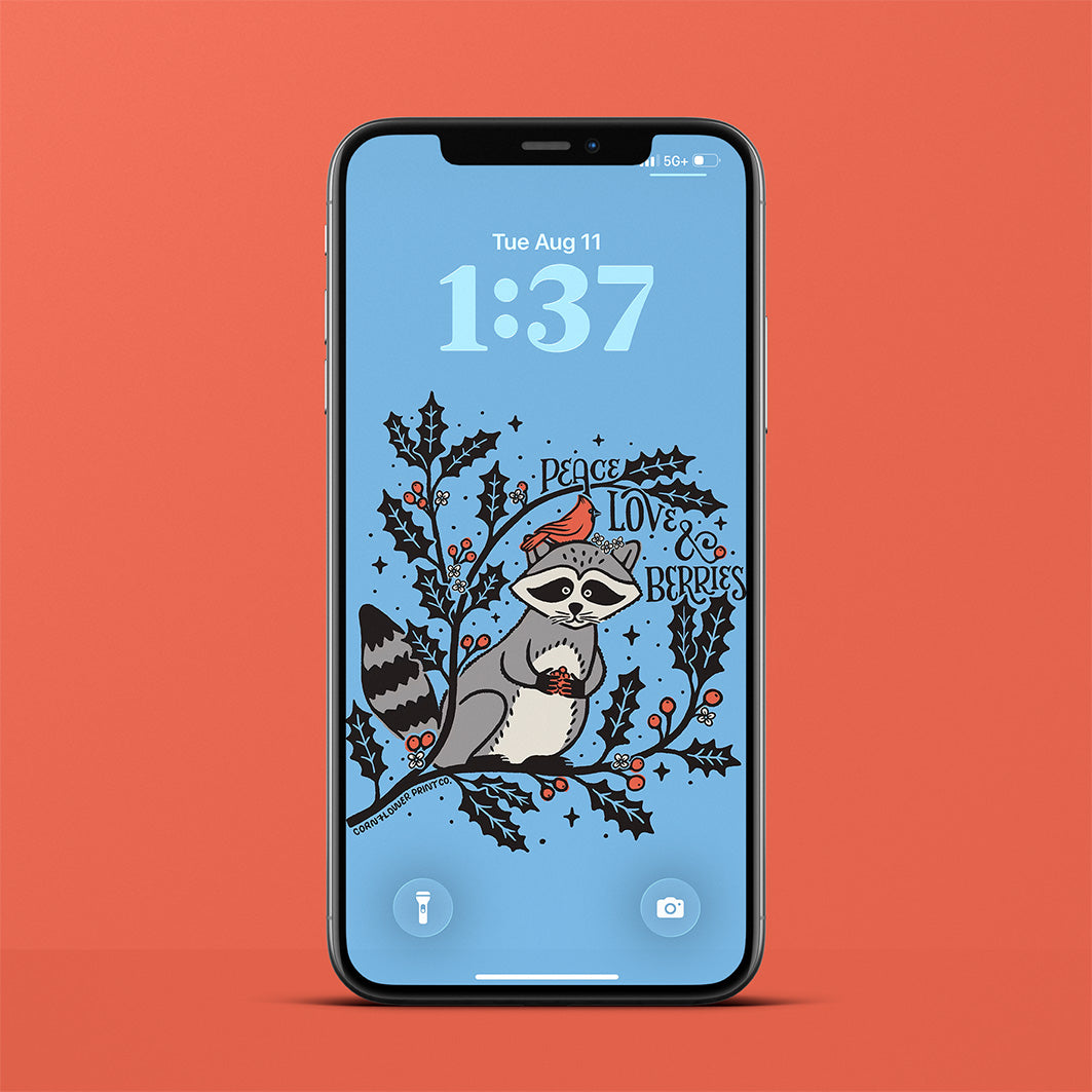 Wallpaper Bundle | December Birth Flower | Raccoon, Holly & Berries