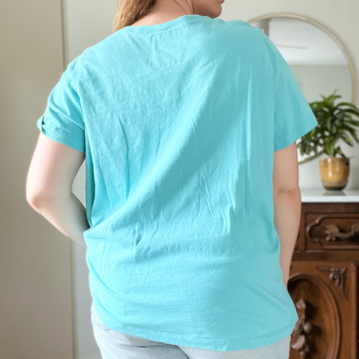 October Birth Flower | Marigold | Blue V-Neck Tee | XL