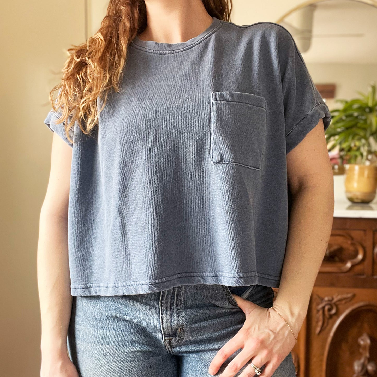 November Birth Flower | Chrysanthemum | Blue Boxy Cropped Top | Large