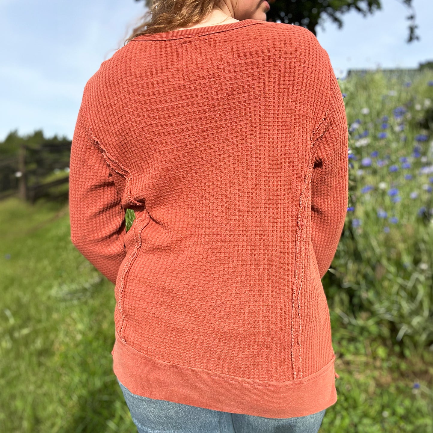 October Birth Flower | Marigold | Burnt Orange Waffle Knit Long Sleeve | Large