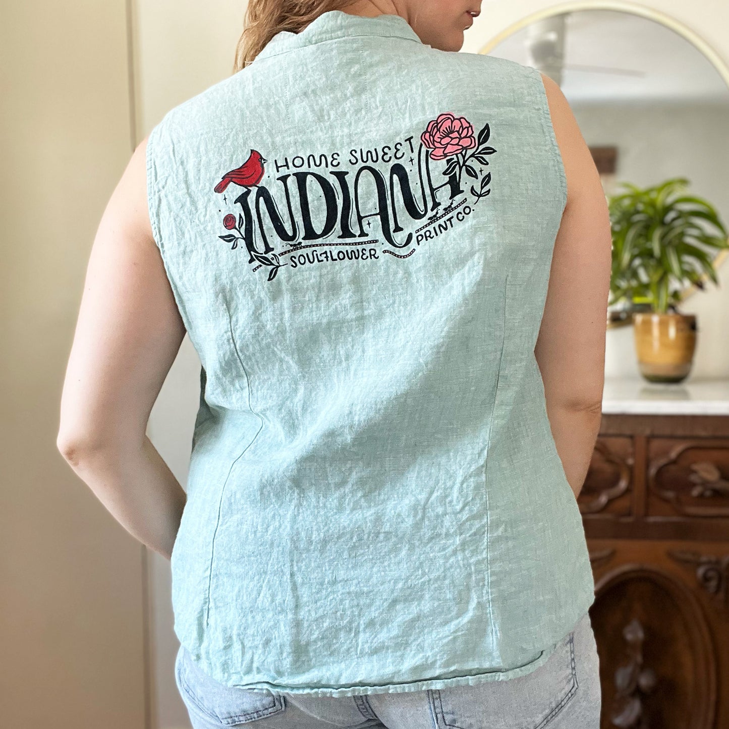 Home Sweet Indiana | Blue Button Up Tank Top | Large