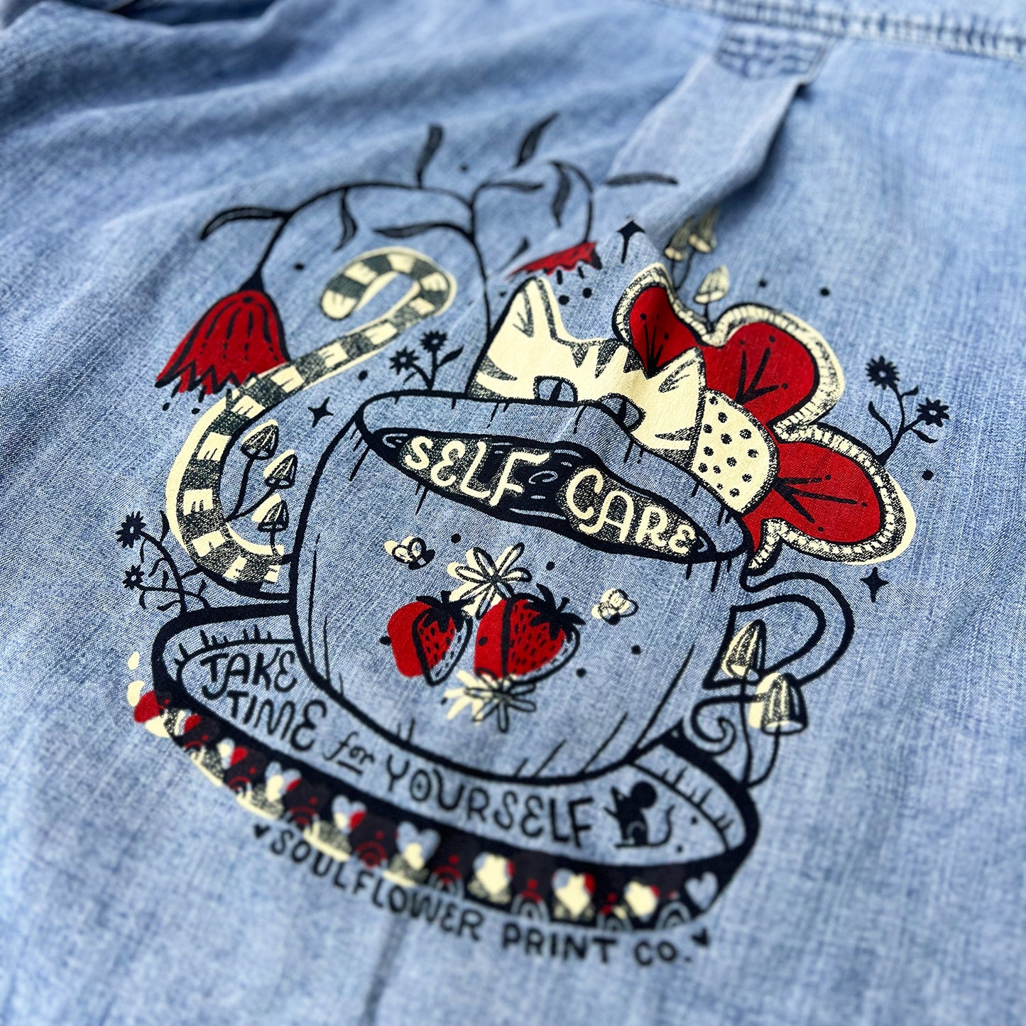 Seconds ✿ Self Care Cat | Blue Short Sleeve Button Up | Small