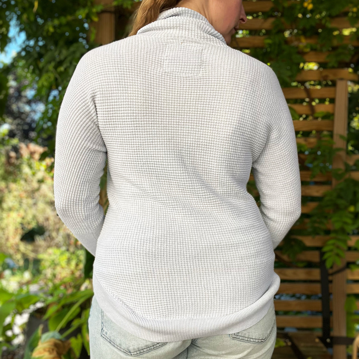 Peace, Love & Berries | Holly | December Birth Flower | Cowl Neck Light rGay Waffle Knit Long Sleeve | Small