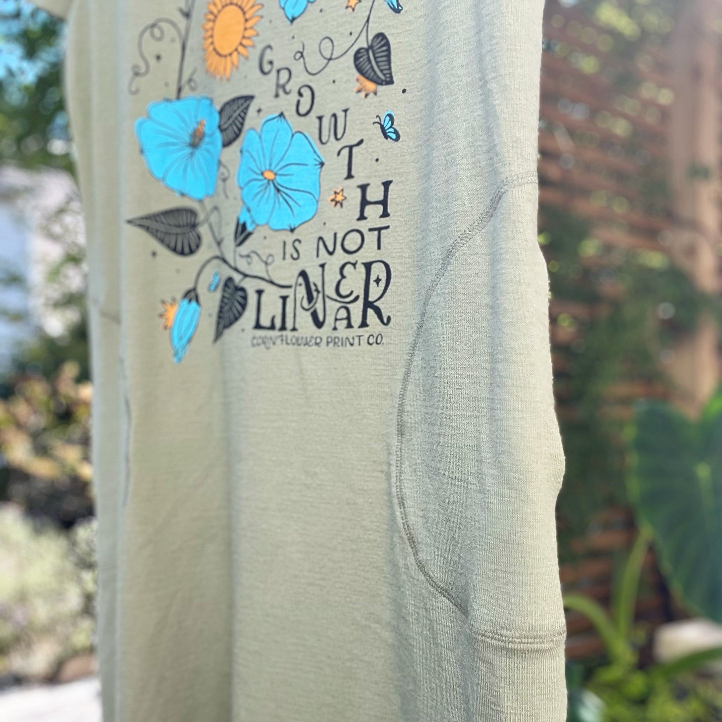 September Birth Flower | Morning Glory | Olive Green Dress w Pockets | Small
