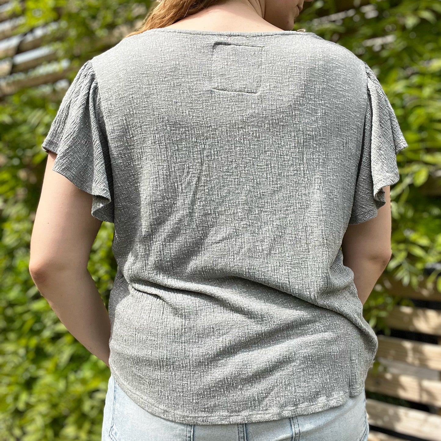 Stronger Together | June Birth Flower | Muted Gray/Green Top with Embroidered Shoulders | Large