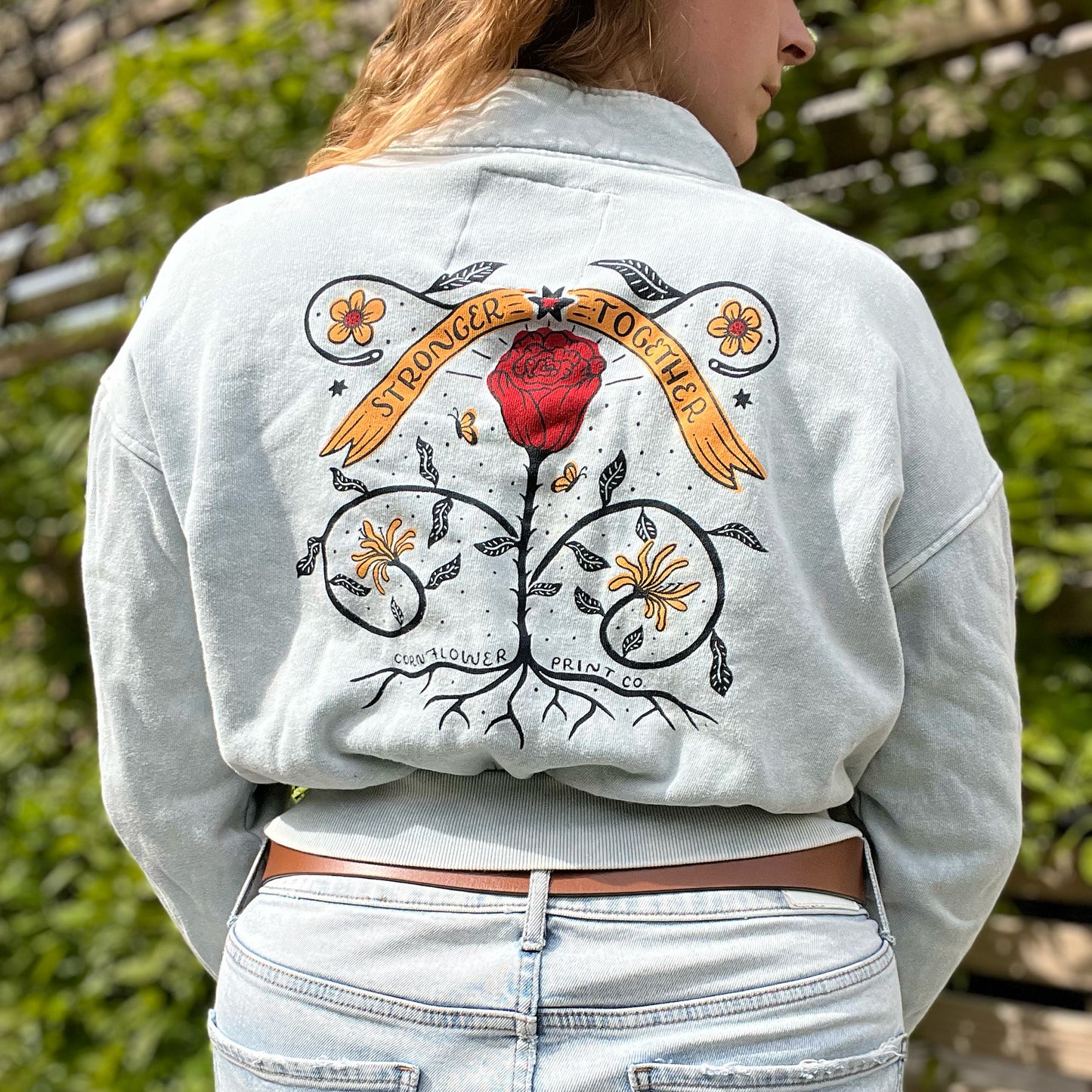 Stronger Together | June Birth Flower | Light Blue Cropped Pullover Sweater | Small