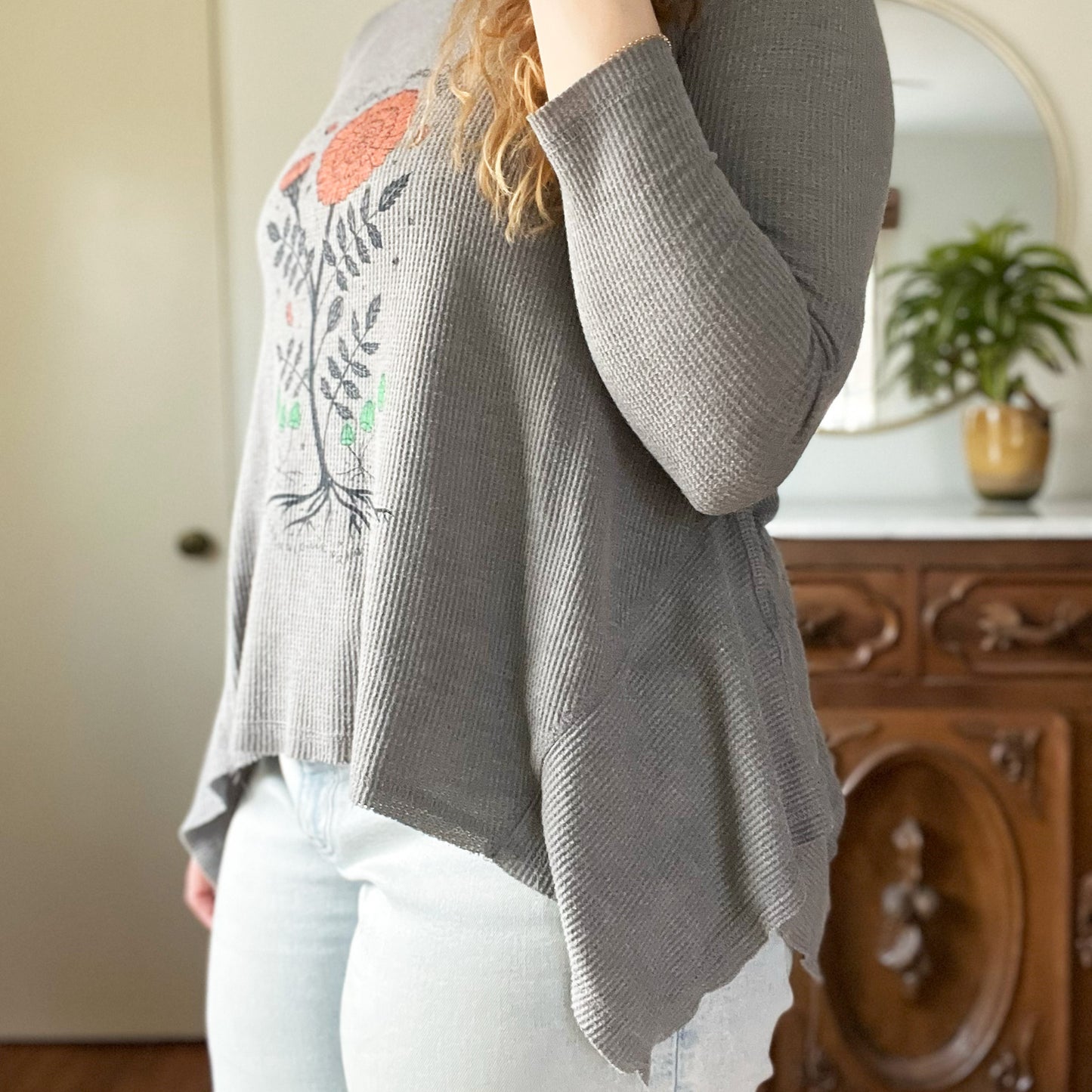 October Birth Flower | Marigold | Gray Waffle Knit Long Sleeve | Medium