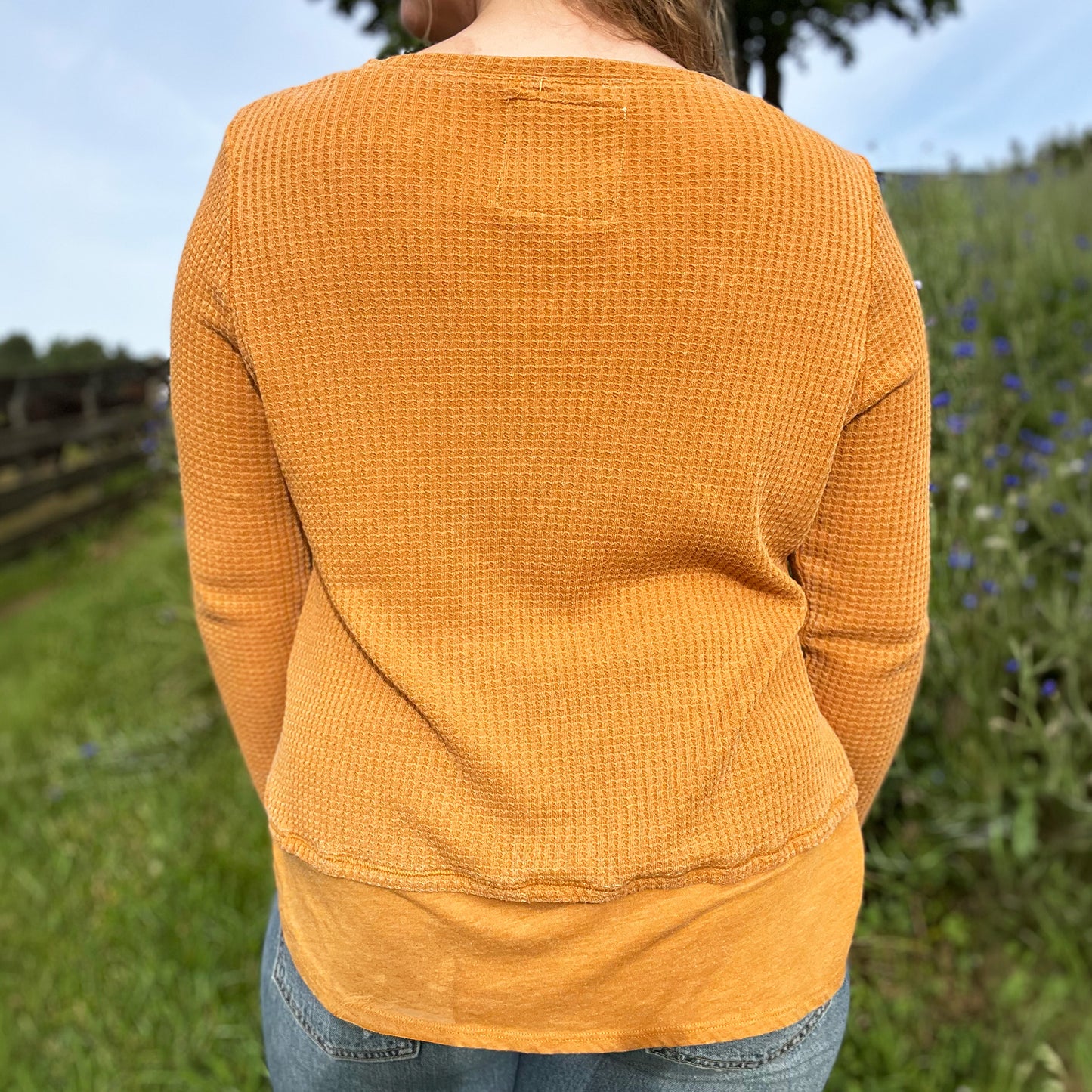 Hope Lives Here | Snow Drops | January Birth Flower | Mustard Yellow Waffle Knit Long Sleeve | Medium