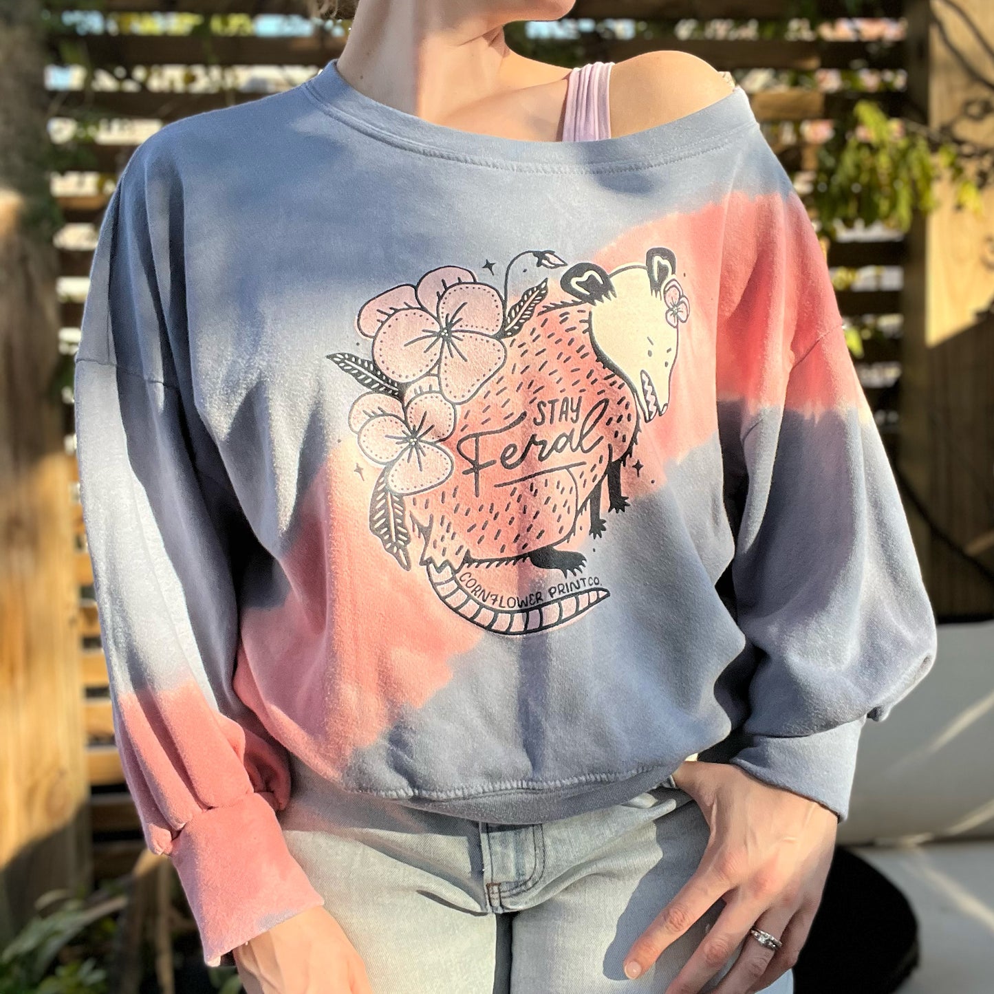 Stay Feral | Opossum | Pink / Blue Tiedye Off the Shoulder Sweater | Small
