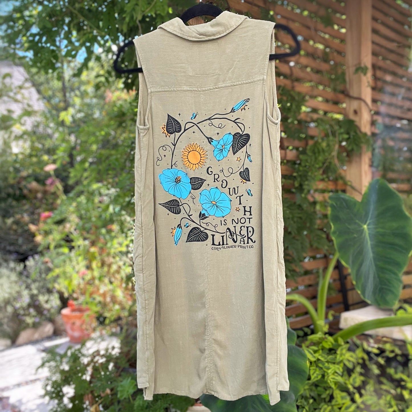 September Birth Flower | Morning Glory | Olive Green Dress w Pockets | Small