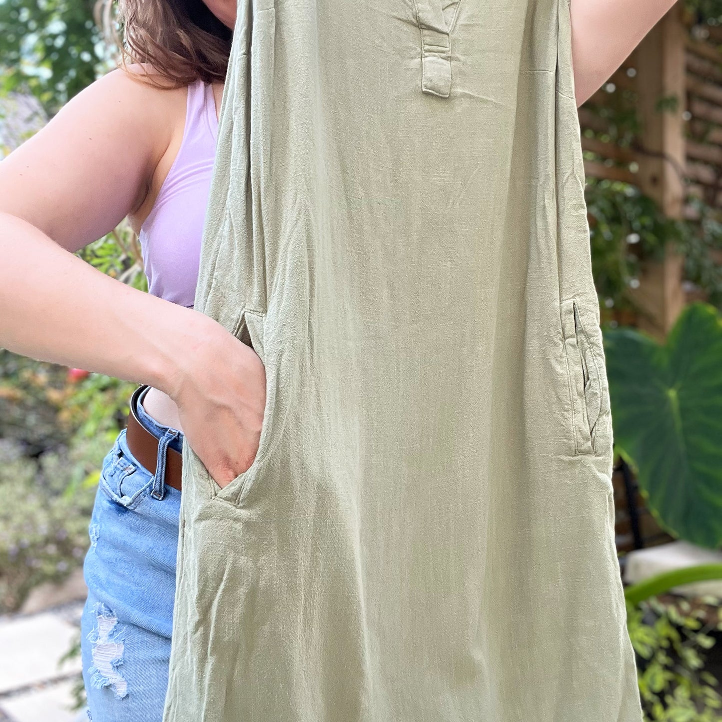 September Birth Flower | Morning Glory | Olive Green Dress w Pockets | Small