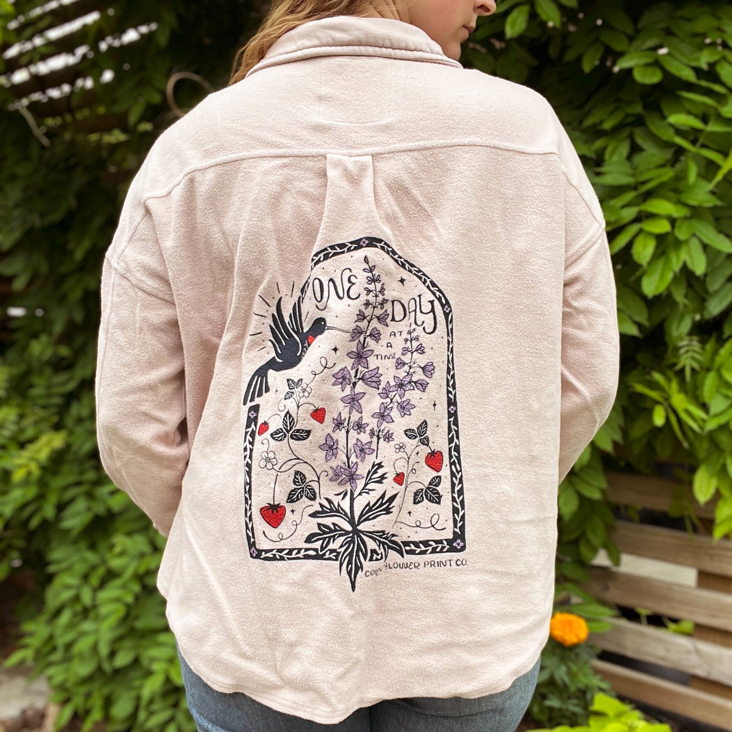 One Day at a Time | July Birth Flower | Light Pink Cozy Button Up | Medium