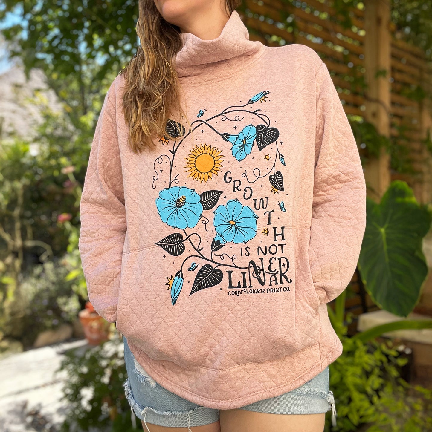 September Birth Flower | Morning Glory | Pink Sweatshirt w Thumbholes | XL
