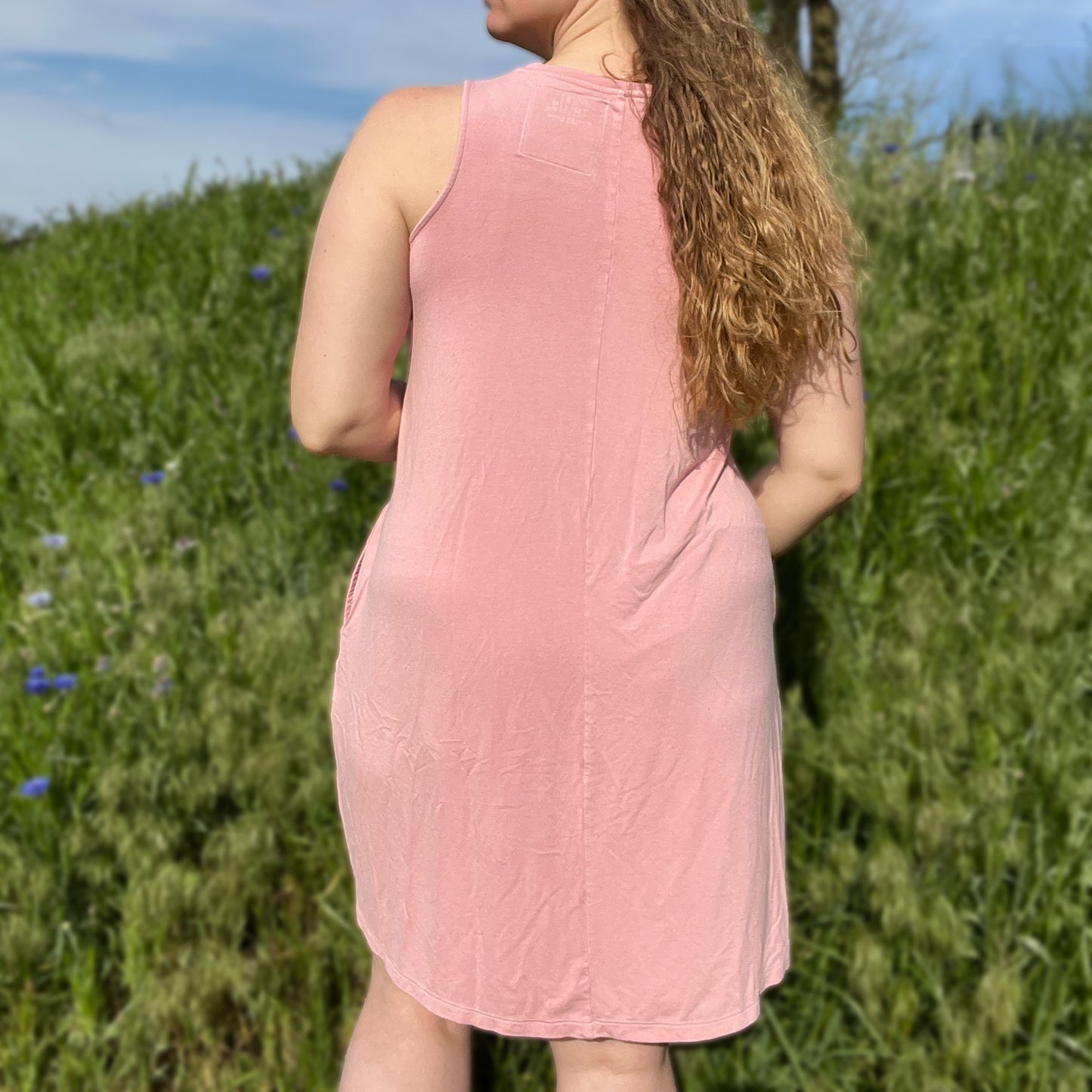 One Day at a Time | July Birth Flower | Pink Tank Dress w Pockets | Medium