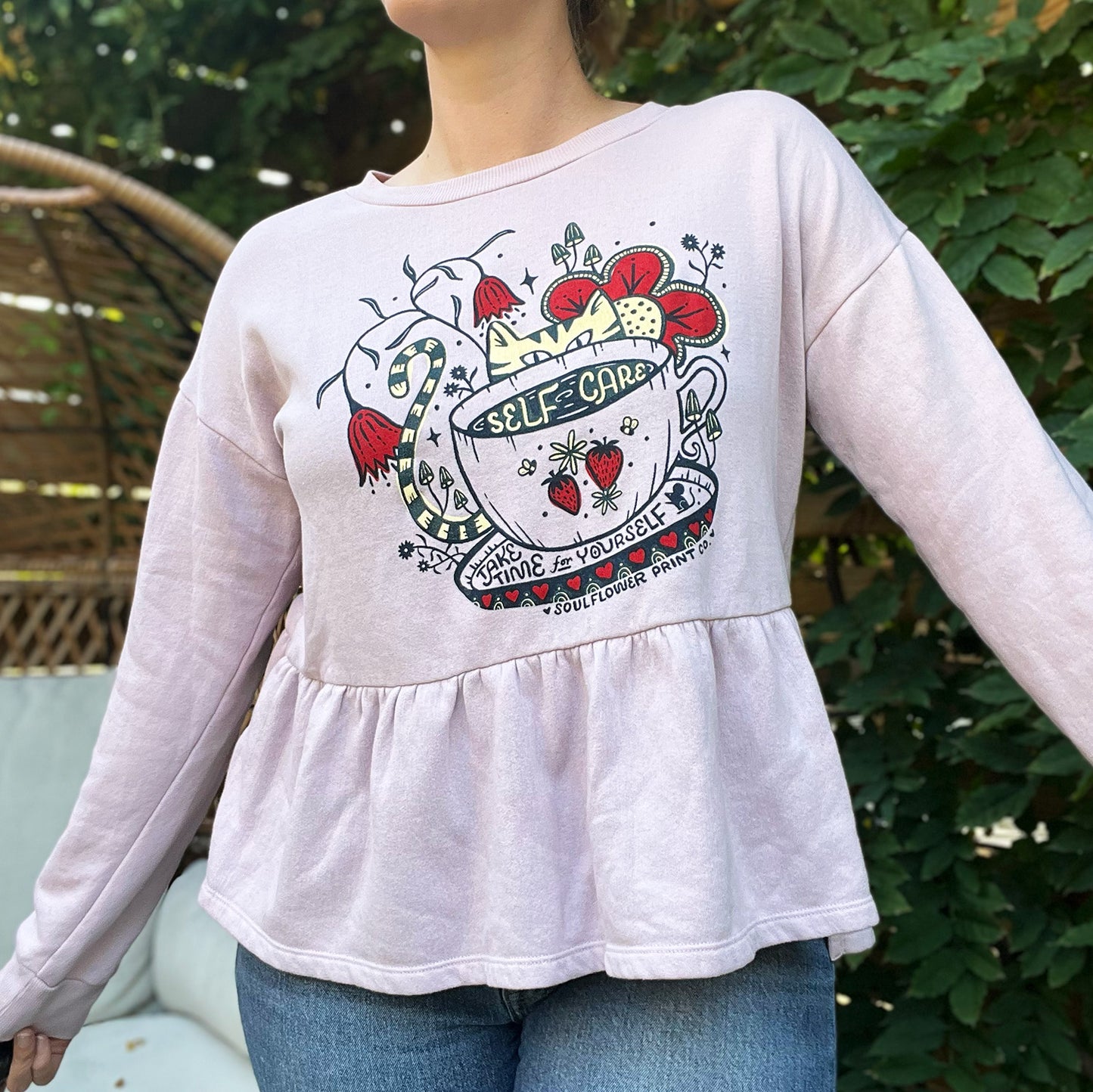Self Care Cat | Pink Flowy Sweater | Medium
