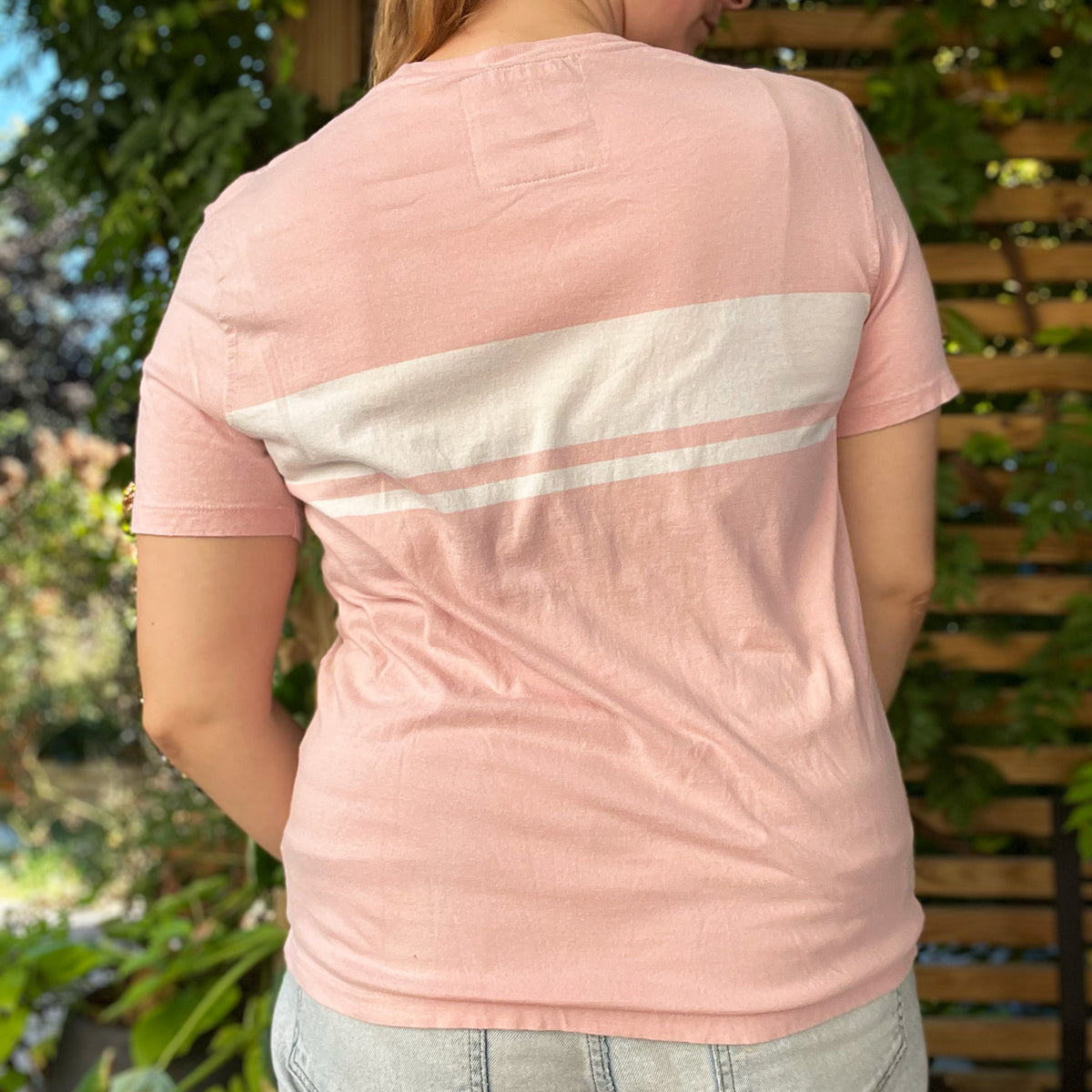 Peace, Love & Berries | Holly | December Birth Flower | Pink w/ White Striped Tee | Medium