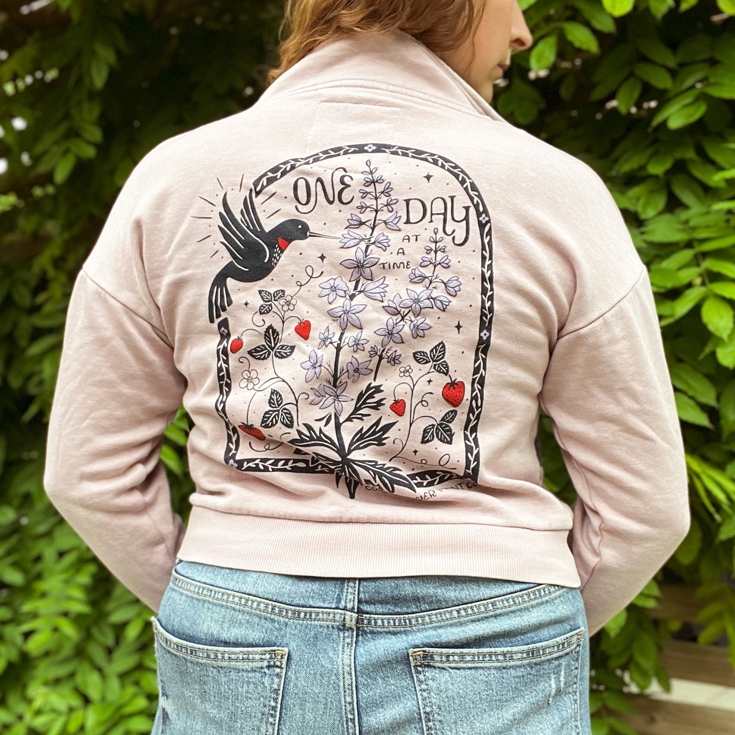 One Day at a Time | July Birth Flower | Cute Pink 3/4 Zip Sweatshirt | Small