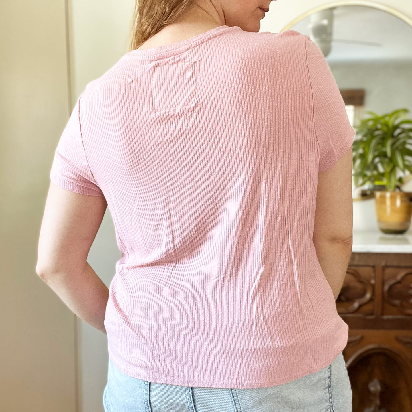 Home Sweet Indiana | Pink Ribbed Short Sleeve Top | XL