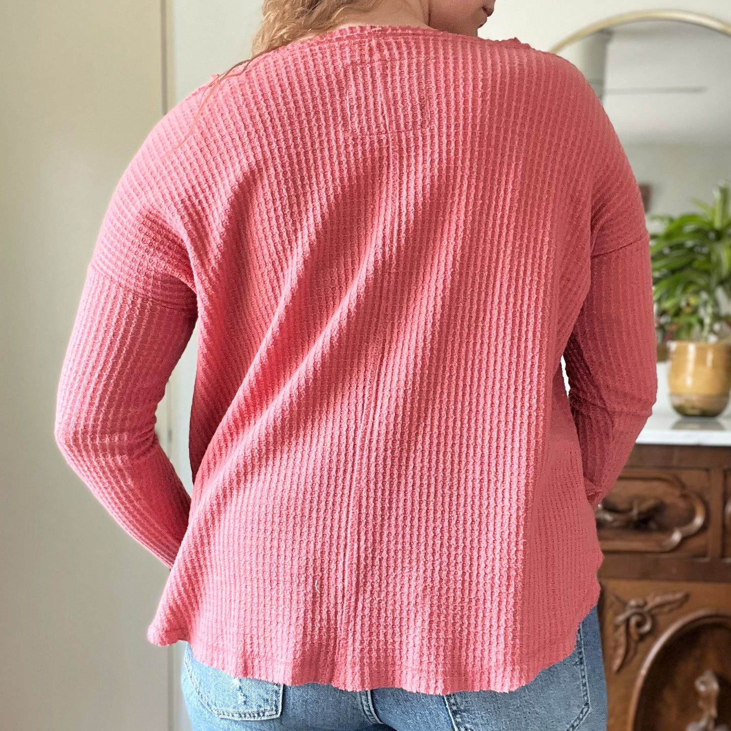 November Birth Flower | Chrysanthemum | Waffle Knit Pink Long Sleeve | Small