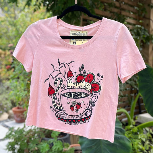 Self Care Cat | Pink Crop Top | Medium