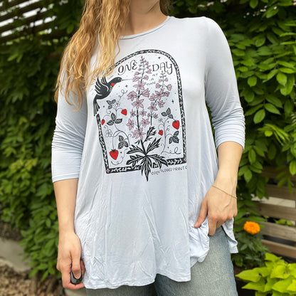 One Day at a Time | July Birth Flower | Light Blue 3/4 Sleeve Tunic Top | XL
