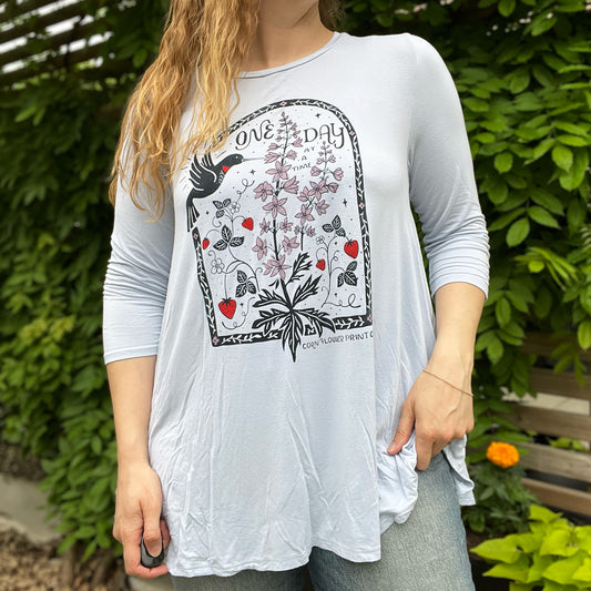 One Day at a Time | July Birth Flower | Light Blue 3/4 Sleeve Tunic Top | XL