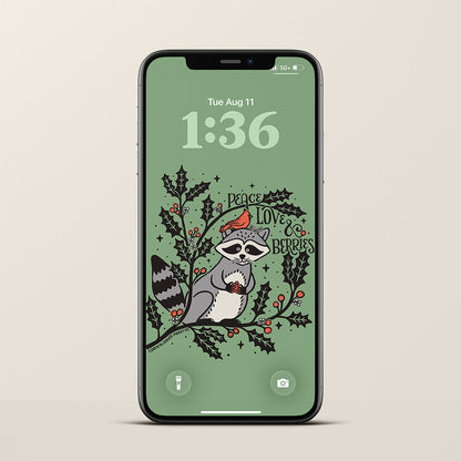 Wallpaper Bundle | December Birth Flower | Raccoon, Holly & Berries