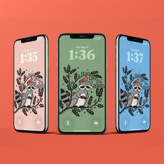 Wallpaper Bundle | December Birth Flower | Raccoon, Holly & Berries