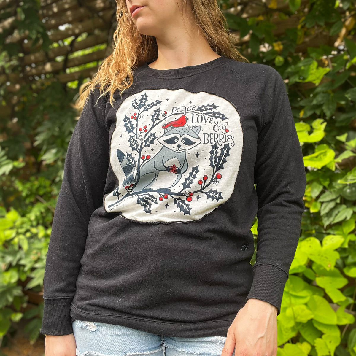 Peace, Love & Berries | Holly | December Birth Flower | Black Sweatshirt | Small
