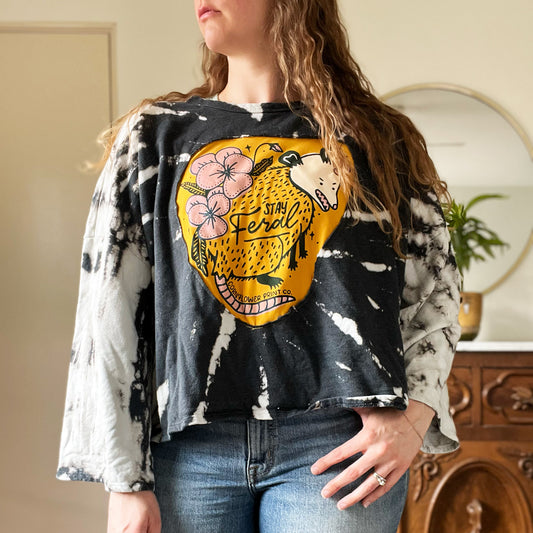 Stay Feral | Opossum | Black & White Tiedye Oversized Long Sleeve | Large