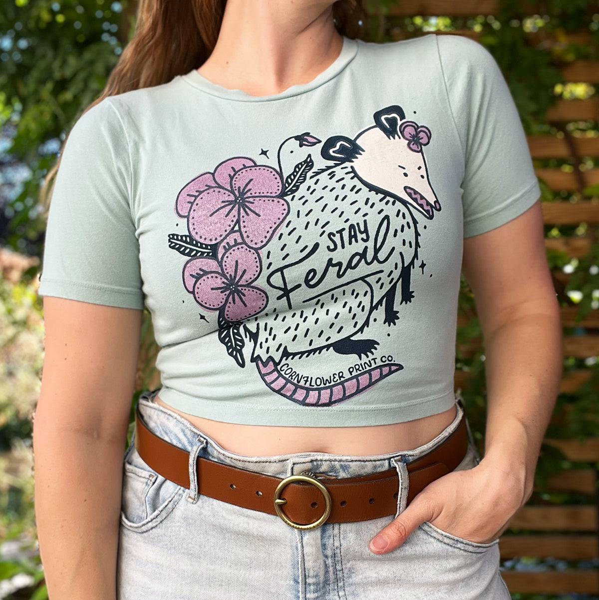 Stay Feral | Opossum | Light Blue Crop Top | Medium