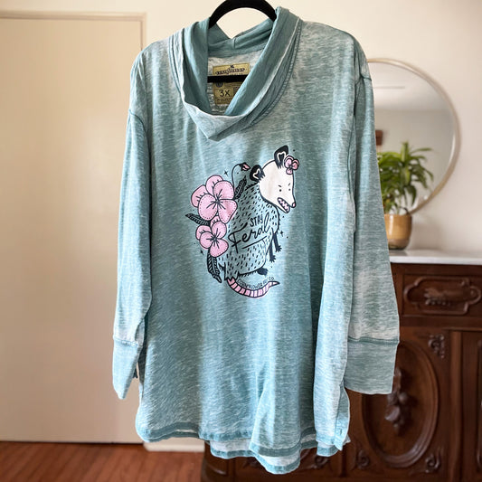 Stay Feral | Opossum | Blue Long Sleeve Cowl Neck Shirt | 3X