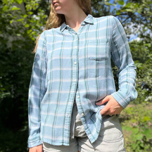 November Birth Flower | Chrysanthemum | Blue Flannel Button Up | Medium