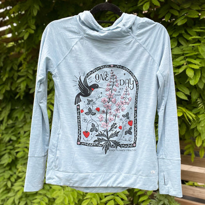 One Day at a Time | July Birth Flower | Blue Lightweight Athletic Hoodie with Thumbholes and Pockets | Small