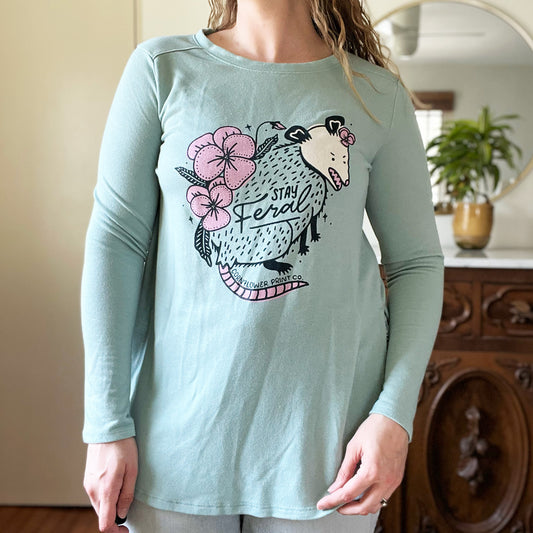 Stay Feral | Opossum | Blue Long Sleeve Shirt | Medium