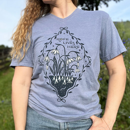 Hope Lives Here | Snow Drops | January Birth Flower | Heather Blue Tee | Medium