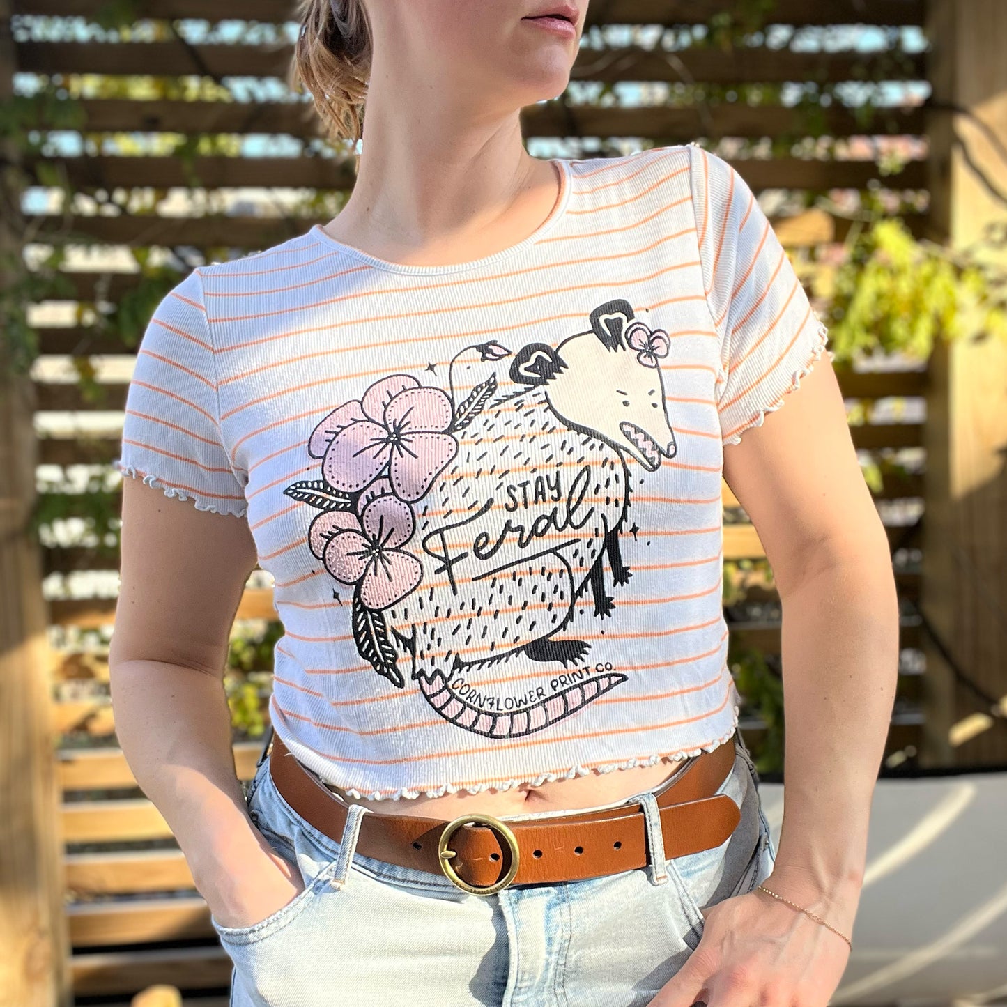 Stay Feral | Opossum | Blue Striped Crop Top | XL