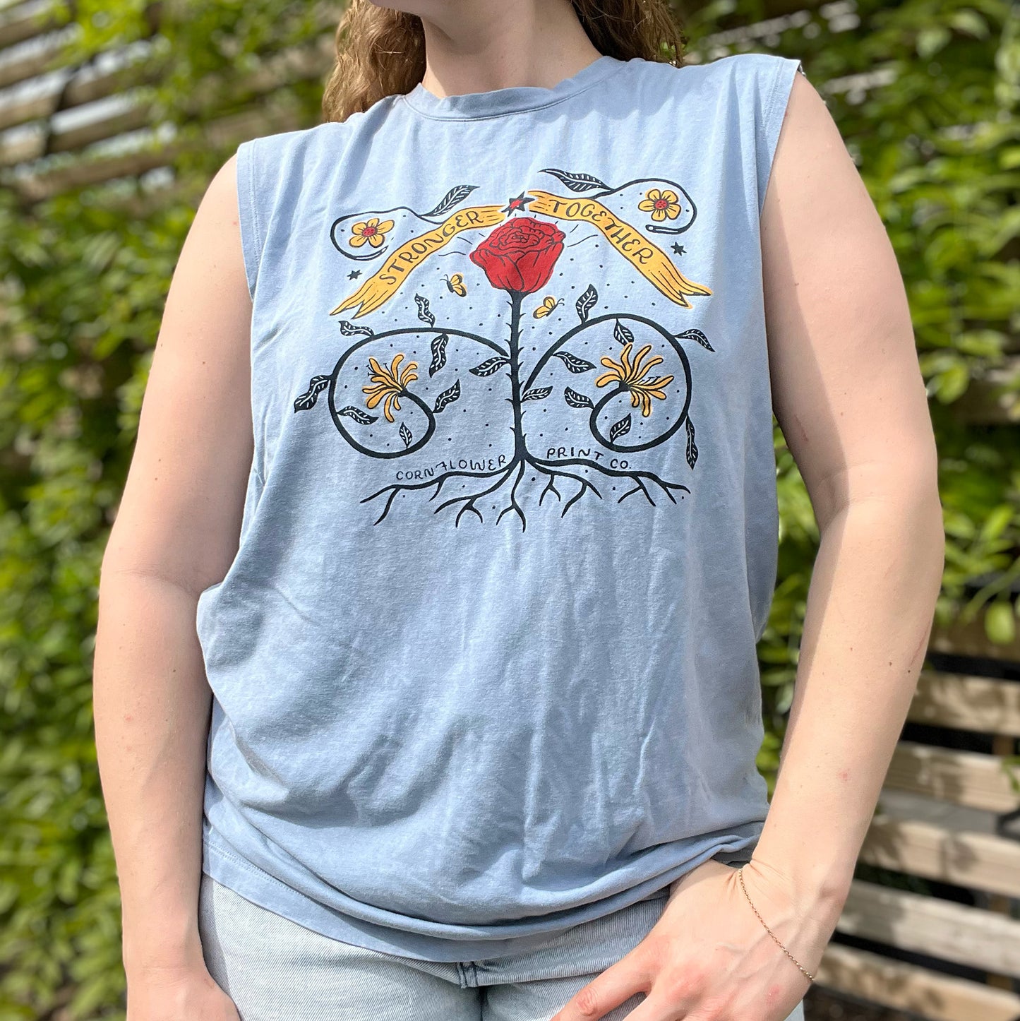 Stronger Together | June Birth Flower | Blue Tank Top | Large