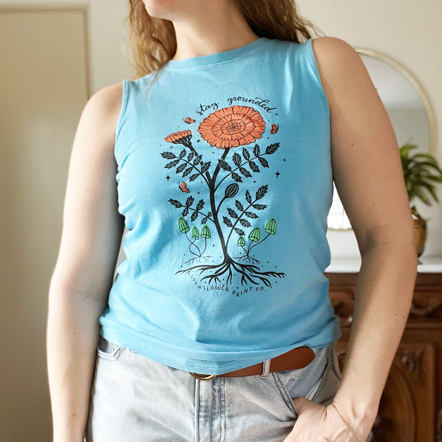 October Birth Flower | Marigold | Blue Tank Top | Medium