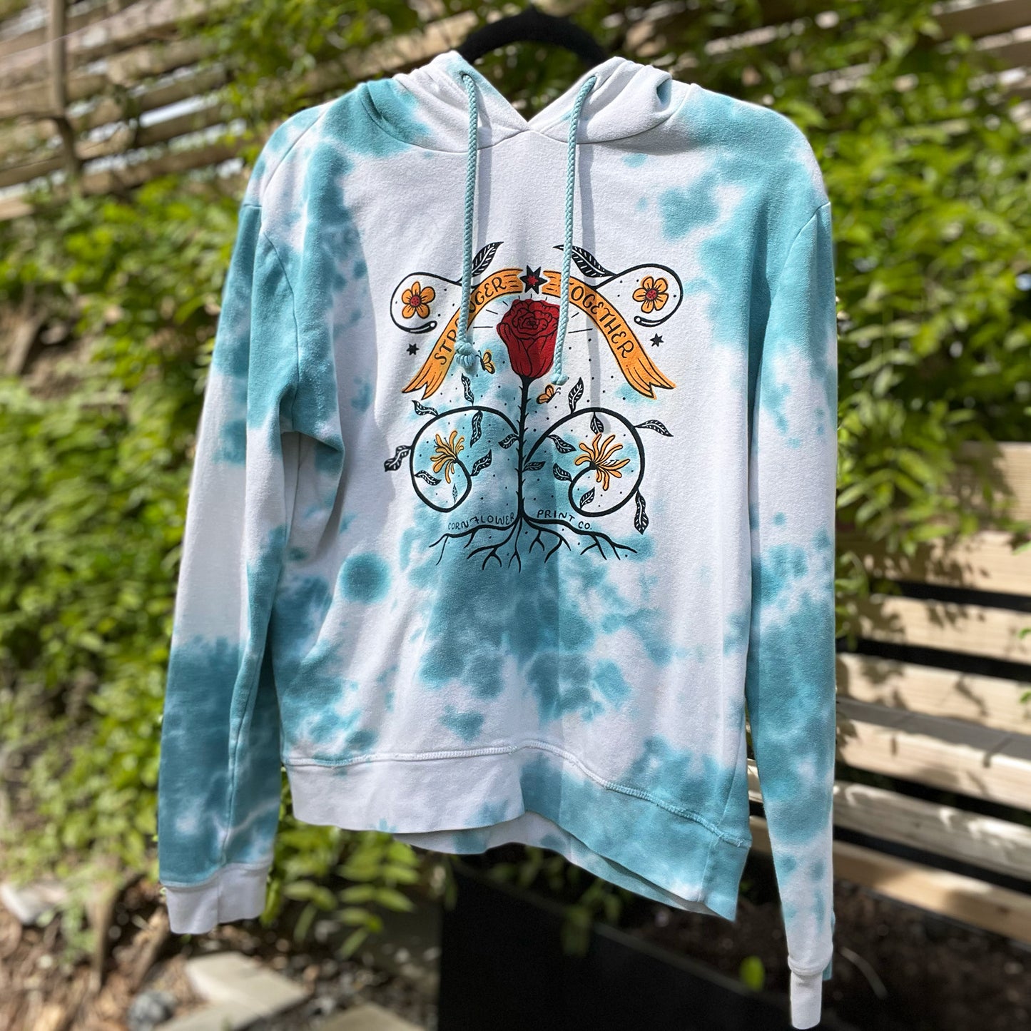 Stronger Together | June Birth Flower | Blue Tiedye Hoodie | Small