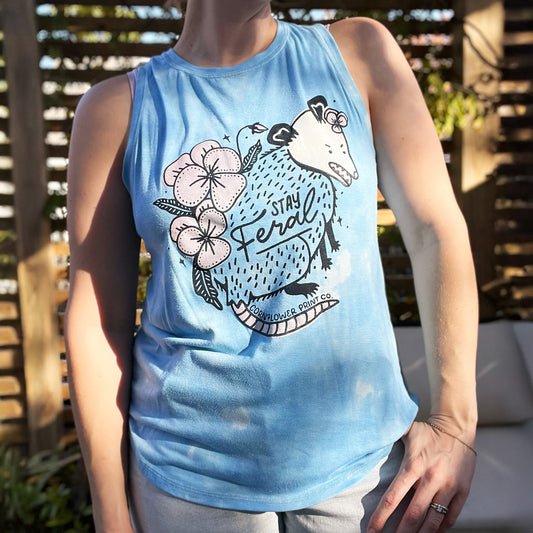 Stay Feral | Opossum | Blue Tiedye Tank Top | Medium