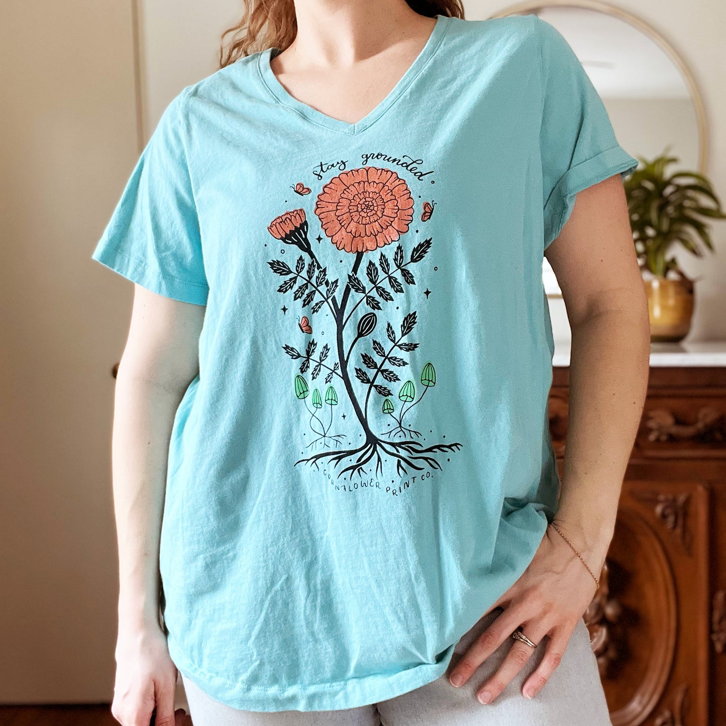 October Birth Flower | Marigold | Blue V-Neck Tee | XL