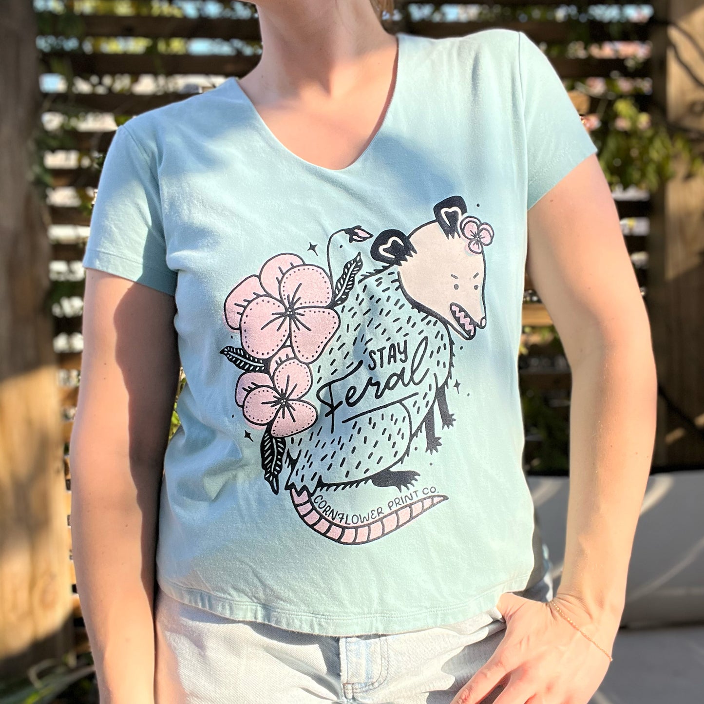 Stay Feral | Opossum | Blue V-Neck Shirt | Large