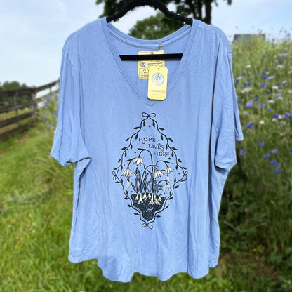Hope Lives Here | Snow Drops | January Birth Flower | Blue V-Neck Tee | 2X