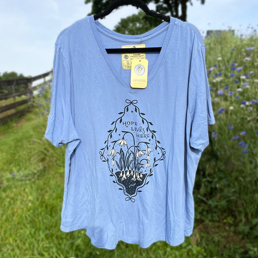 Hope Lives Here | Snow Drops | January Birth Flower | Blue V-Neck Tee | 2X