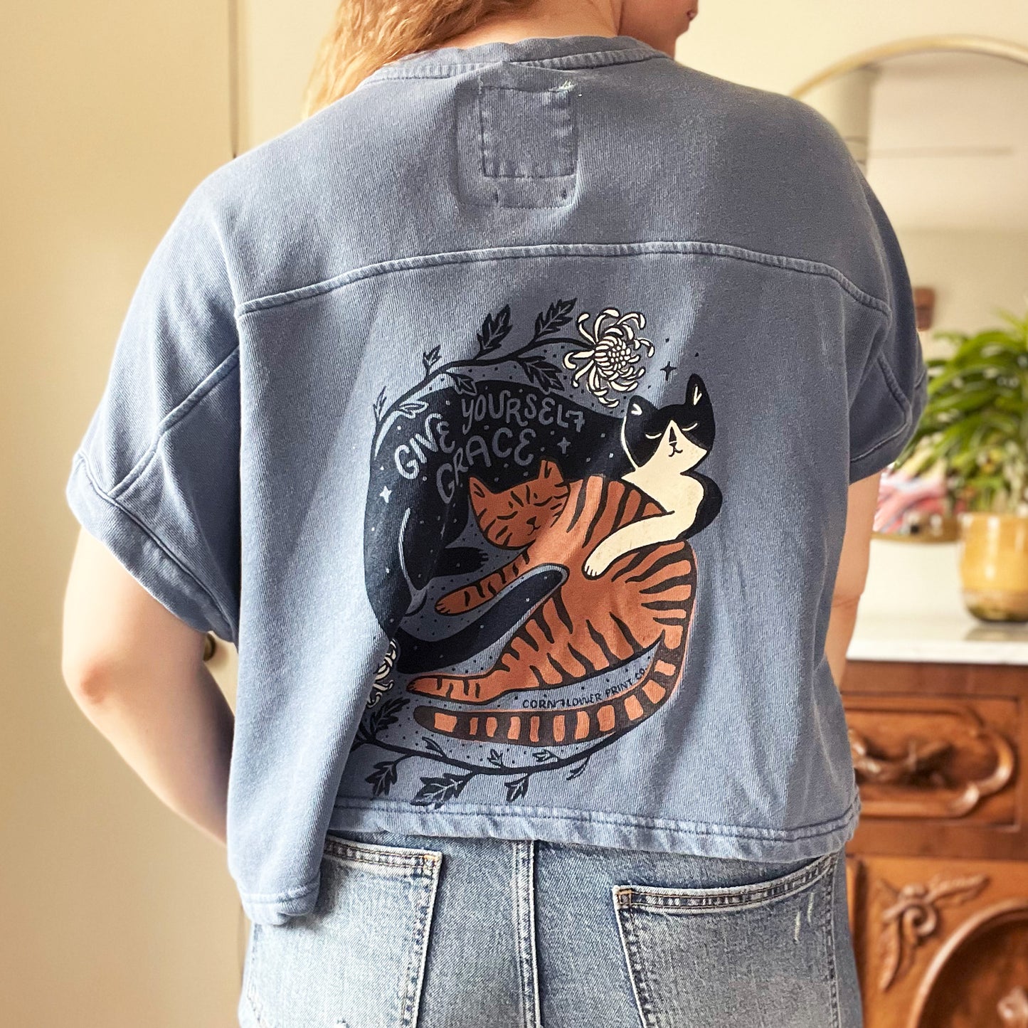 November Birth Flower | Chrysanthemum | Blue Boxy Cropped Top | Large