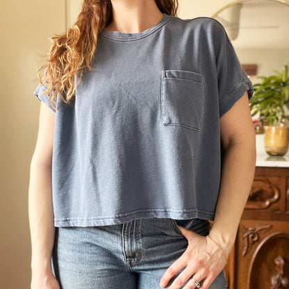 November Birth Flower | Chrysanthemum | Blue Boxy Cropped Top | Large