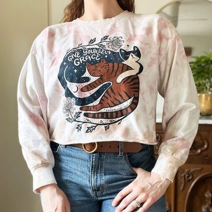 November Birth Flower | Chrysanthemum | Pink / Tan / White Tiedye Cropped Long Sleeve | Medium