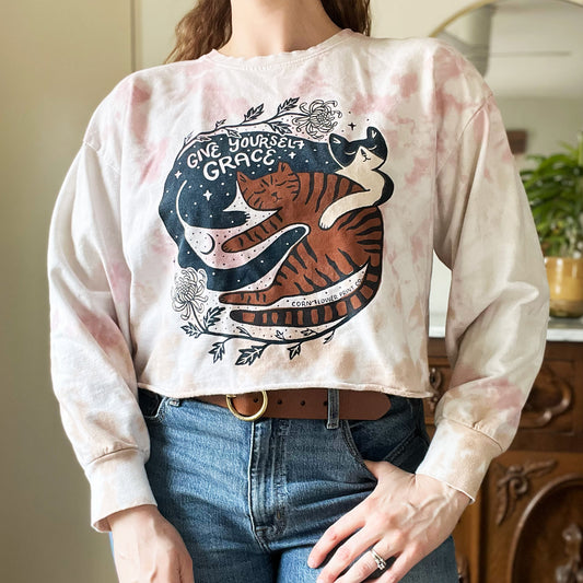 November Birth Flower | Chrysanthemum | Pink / Tan / White Tiedye Cropped Long Sleeve | Medium