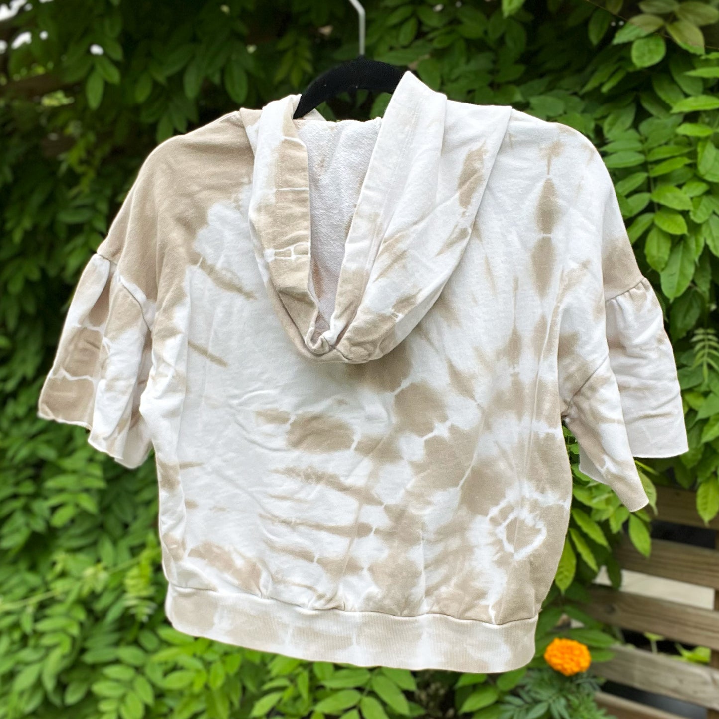 One Day at a Time | July Birth Flower | Browns & White Tiedye Cut Off Sleeve Hoodie | Small